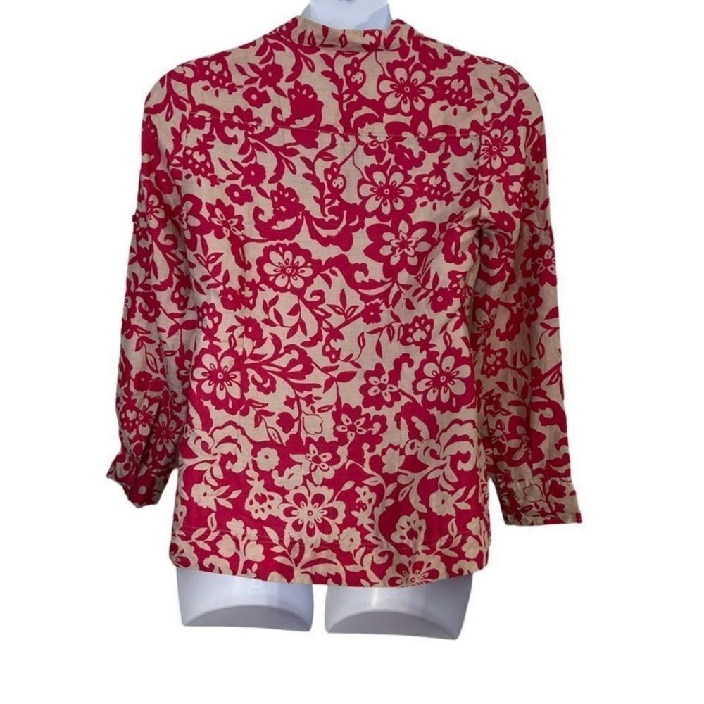 Charter Club Linen Pink Printed Long Roll-Tab Sleeve Blouse Size 12 - Picture 2 of 11